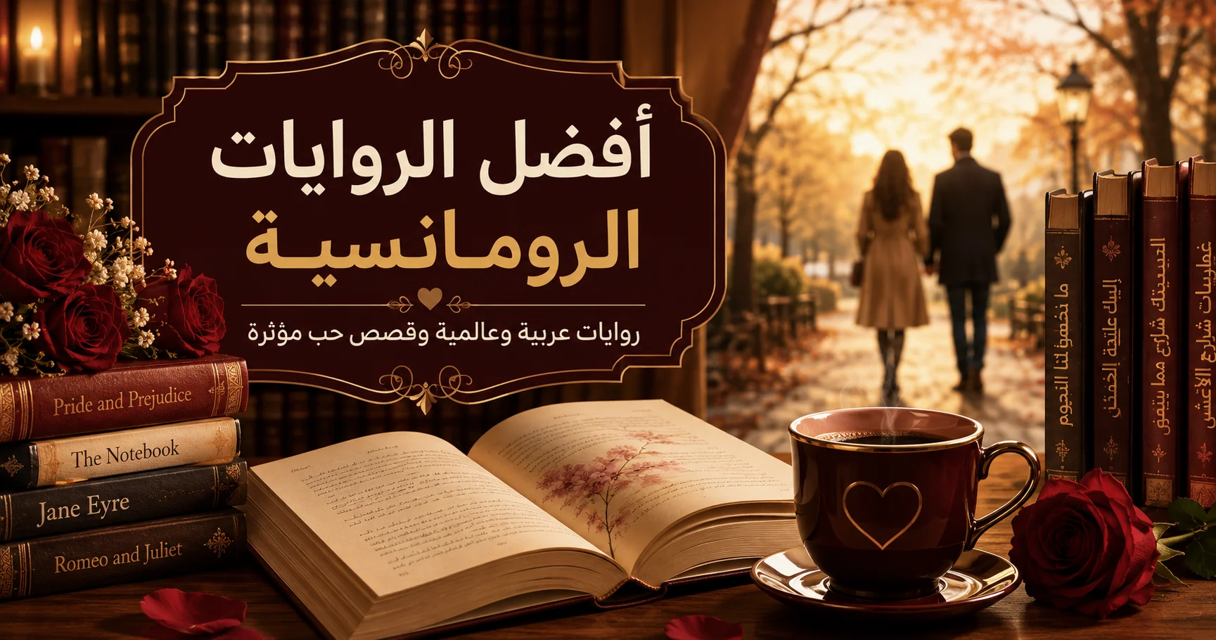 أفضل الروايات الرومانسية العربية والعالمية مع كتب رومانسية وقصص حب مؤثرة وروايات مترجمة في مكتبة دافئة لمحبي القراءة.