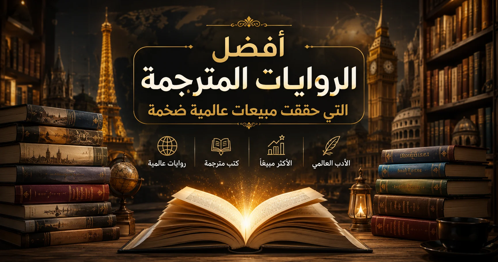 أفضل الروايات المترجمة التي حققت مبيعات عالمية ضخمة مع مجموعة من كتب مترجمة وروايات عالمية في مكتبة كلاسيكية ترمز إلى الأدب العالمي والأكثر مبيعًا.
