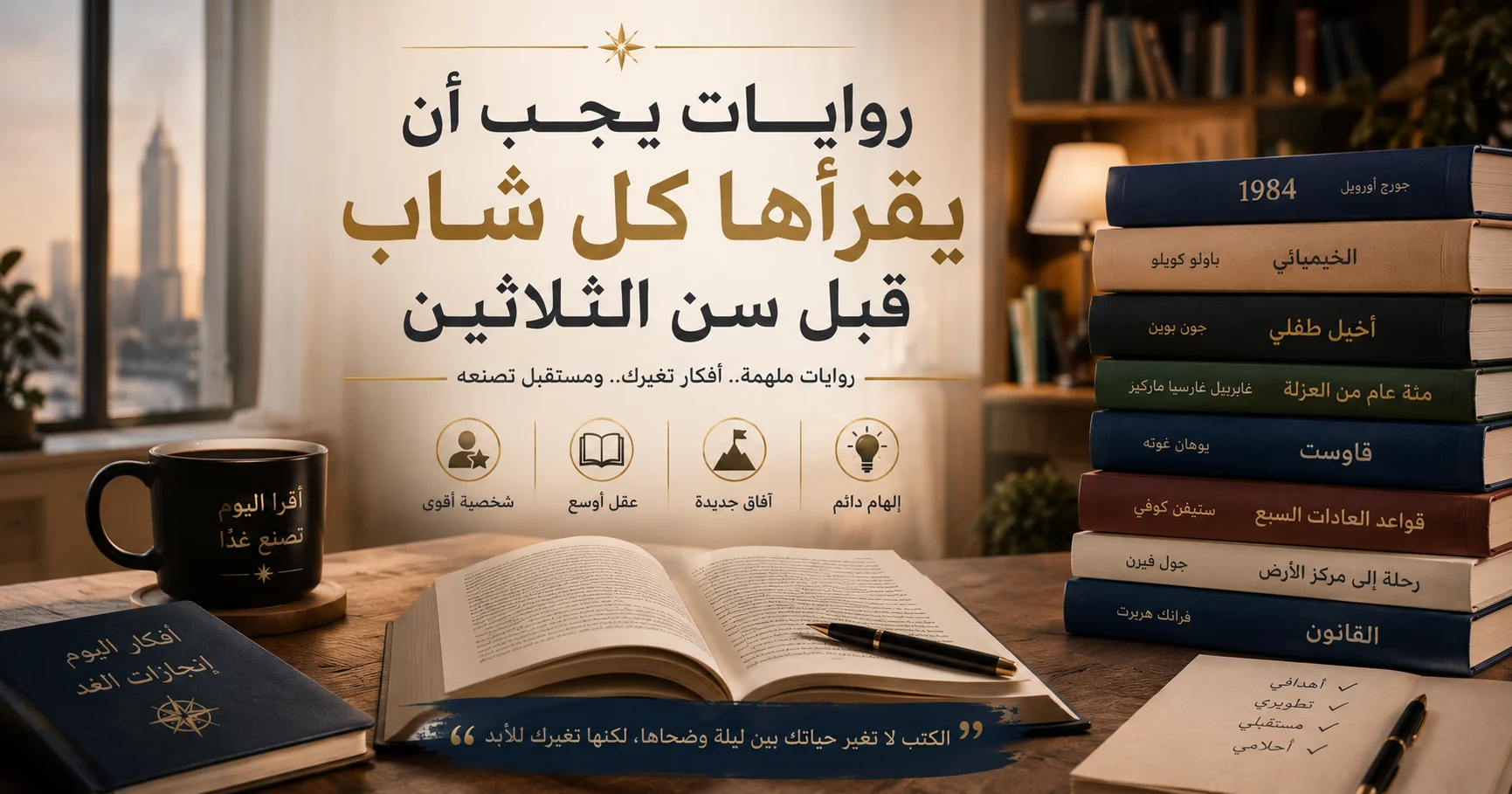 مجموعة من أفضل روايات للشباب مع كتاب مفتوح وفنجان قهوة في ركن قراءة عصري، تعبر عن كتب للشباب وروايات حديثة وكتب ملهمة قبل سن الثلاثين.