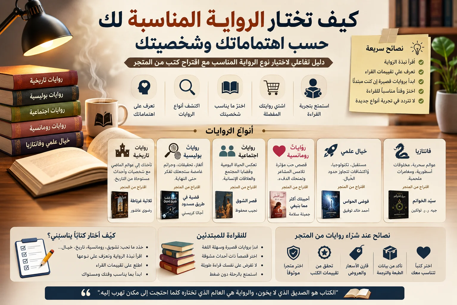 اختيار الرواية المناسبة والقراءة للمبتدئين وشراء روايات وفق الاهتمامات الشخصية.